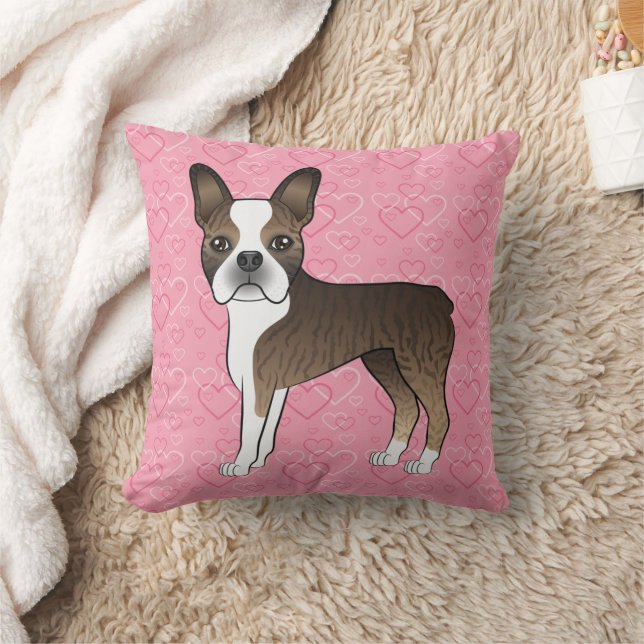 Almofada Cão Boston Terrier Tigrado em Corações Rosa (Cobertor)