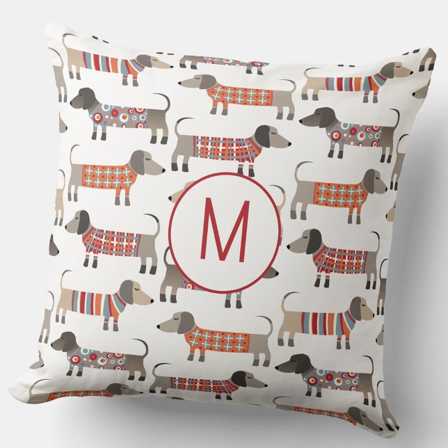 Almofada Cão-canino de soldadura monograma (Monogram initial personalized Dachshund Wiener Sausage Dog throw pillow)