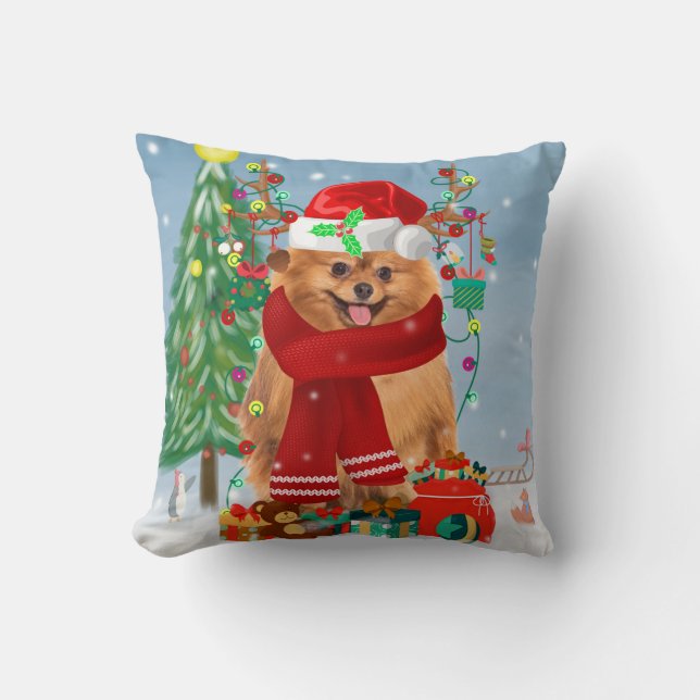 Almofada Cão da Pomerânia com presentes de Natal (Frente)
