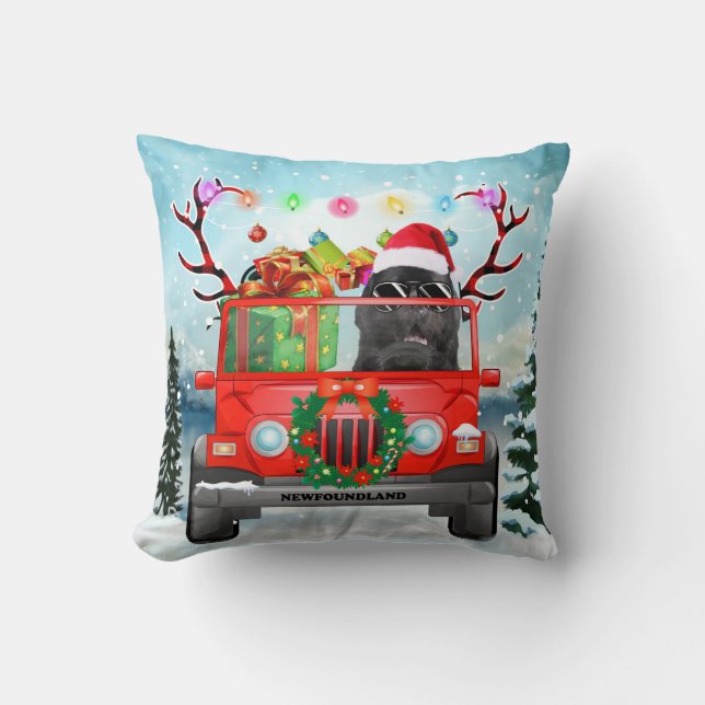 Almofada Cão da Terra Nova com presentes de Natal (Frente)