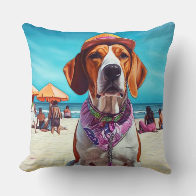 Almofada Cão de Caça Inglês Americano na Praia, presente de (Frente)
