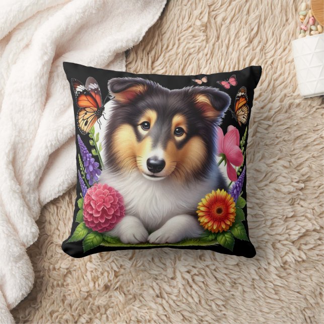 Almofada Cão de Pastoreio de Shetland com Flores e Borbolet (Cobertor)
