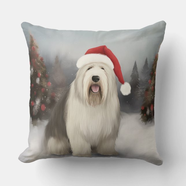 Almofada Cão de Pastoreio Inglês Antigo no Natal com Neve (Frente)