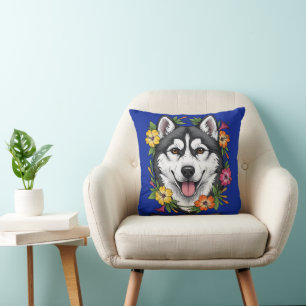 Almofada Cão de Trenó Husky e Flores Coloridas de Mirablis