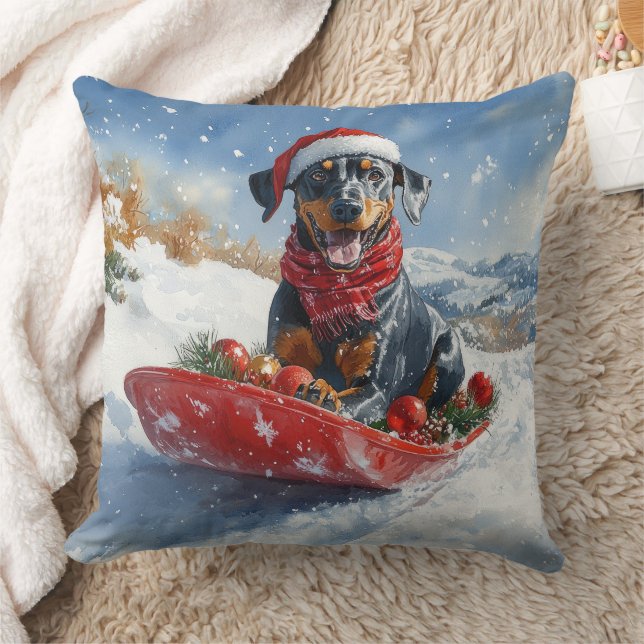 Almofada Cão Doberman em Trenó Deixe Nevar Natal (Cobertor)