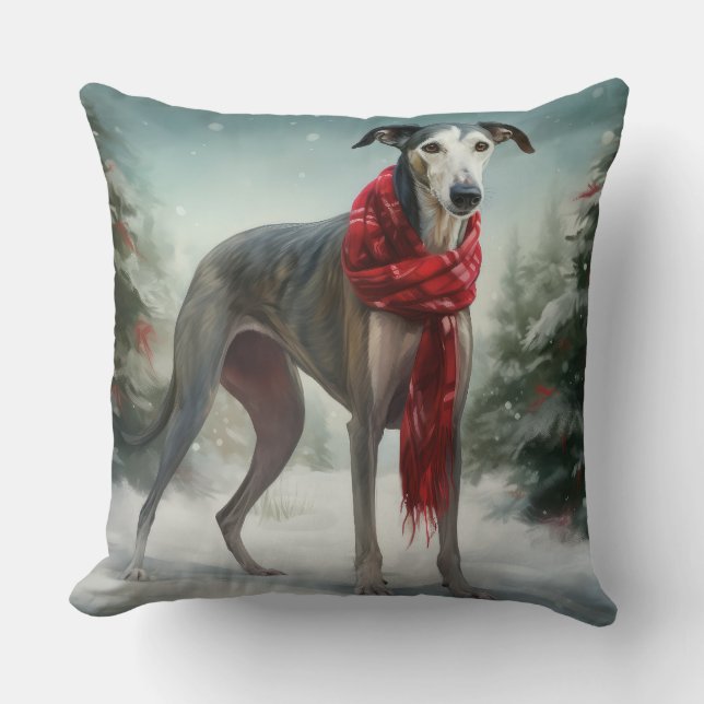 Almofada Cão Greyhound na neve de Natal  (Frente)
