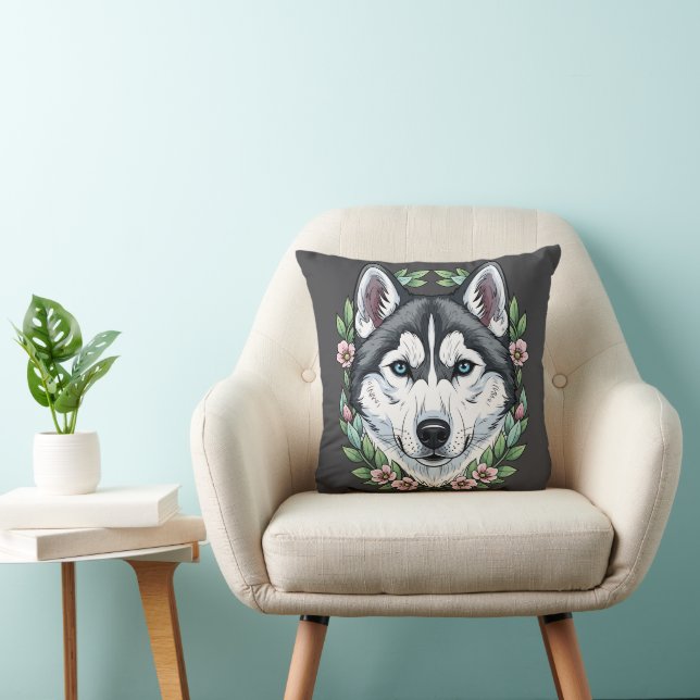 Almofada Cão Husky Siberiano E Flores De Laurel Da Montanha (Cadeira)