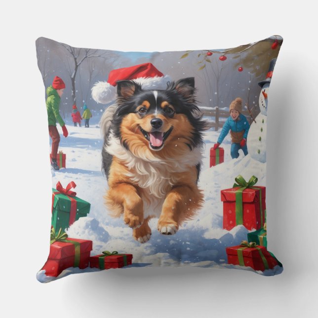 Almofada Cão Keeshond Correndo na Neve com Chapéu de Natal (Verso)