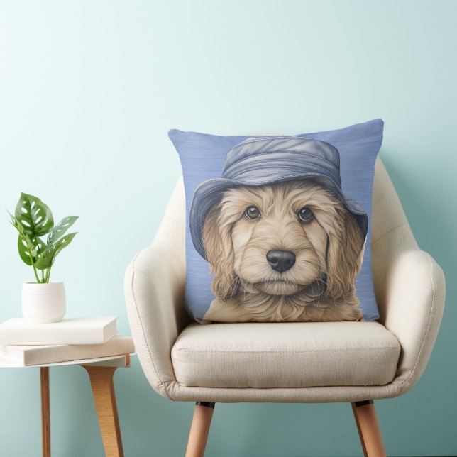 ALMOFADA CÃO MARAVILHOSO E BRANCO COM CHAPÉU AZUL (Cadeira)