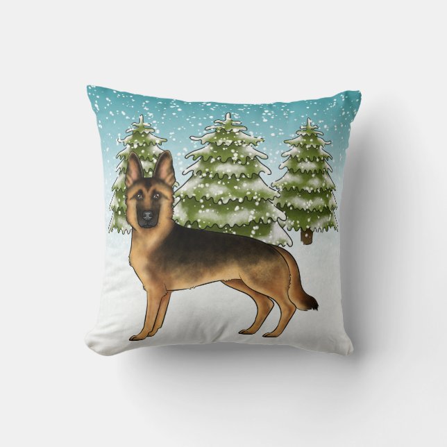 Almofada Cão Pastor Alemão Preto e Fogo Floresta de Inverno (Frente)