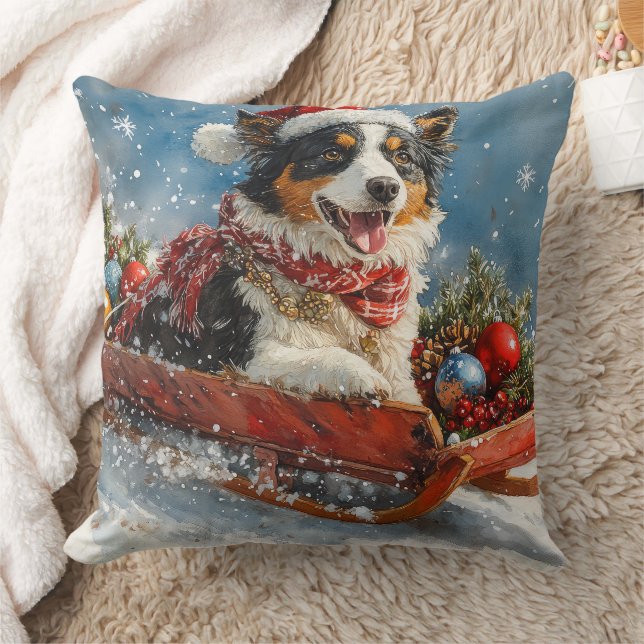 Almofada Cão Pastor Australiano em Trineo de Natal (Cobertor)