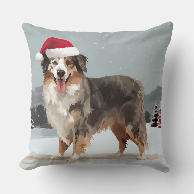 Almofada Cão Pastor Australiano na Neve de Natal (Frente)