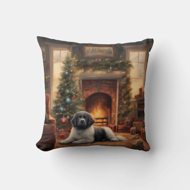 Almofada Cão Sentado Em Frente A Uma Árvore De Natal (Frente)