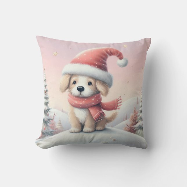 Almofada Cãozinho de Natal bonito com chapéu de Santa (Frente)
