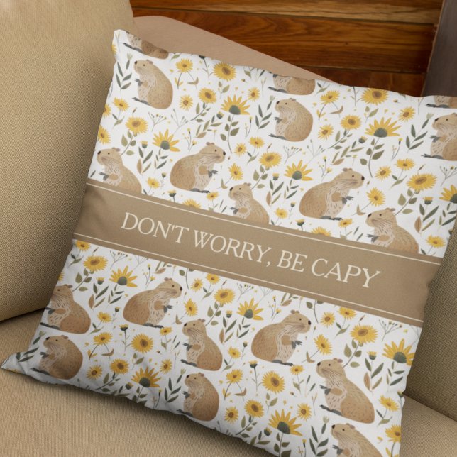 Almofada Capivara Inspiradora Divertida (cute funny inspirational capybara floral pillow with sunflower pattern, don't worry be happy)
