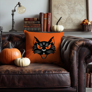 Almofada Cara de Gato Preto Assustador Halloween Laranja e