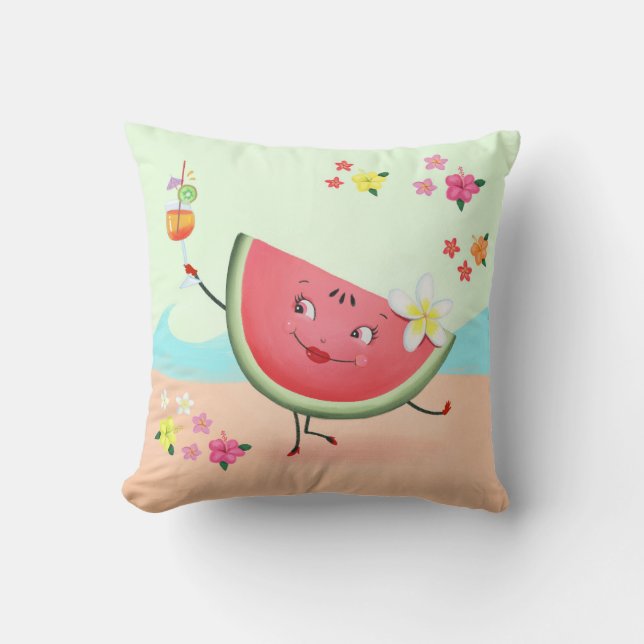 Almofada Caractere de melancia e praia em Cute (Frente)