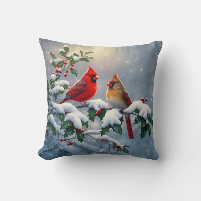 Almofada Cardeais vermelhos e Holly na neve (Frente)