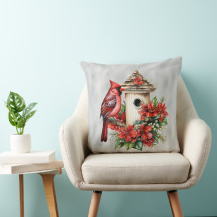 Almofada Cardeal De Natal Vermelho Na Bird House