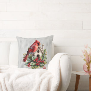 Almofada Cardeal De Natal Vermelho Na Bird House
