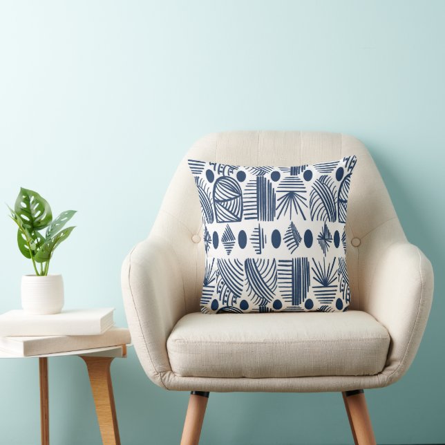 Almofada Caribe Tribal Mudcloth: Branco, Marinho Azul (Cadeira)