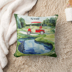 Almofada Carrinho vermelho de golfe com aquarela de campo d