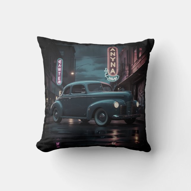 Almofada Carro Clássico dos Anos 1940 sob Luzes de Neon (Frente)