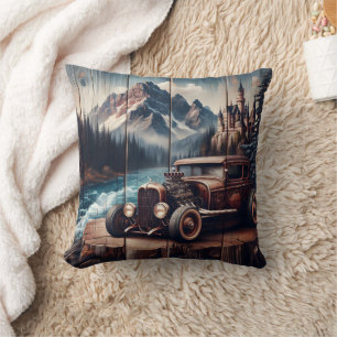 Almofada Carro vintage perto de uma paisagem de montanha ma
