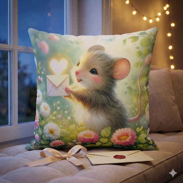 Almofada Carta de Amor do Rato da Cabana Prado (Cottage Mouse Love Letter Meadow Throw Pillow Mockup D)