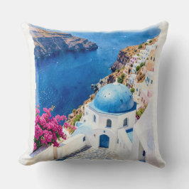 Almofada Cartaz de Aquarela do Domo Azul de Santorini