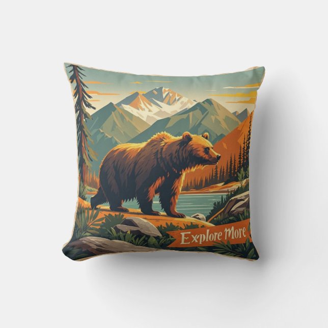 Almofada Cartaz de desenho animado de urso estilo retrô e c (Frente)