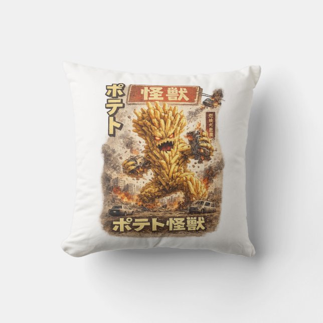 Almofada Cartaz de Monstro Japonês Retro com Batata (Frente)