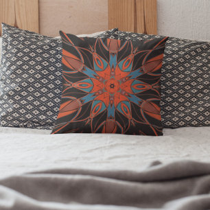 Almofada Cartografia Mandala Flor Azul Laranja e Preto