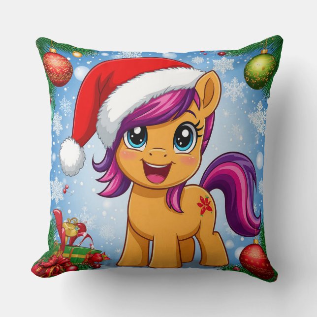 Almofada Cartoon festivo Pony Vestindo Santa Hat (Frente)