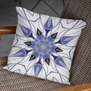 Almofada Cartoon Mandala Flor Azul Roxo e Branco