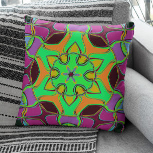 Almofada Cartoon Mandala Flor Verde Laranja e Roxo
