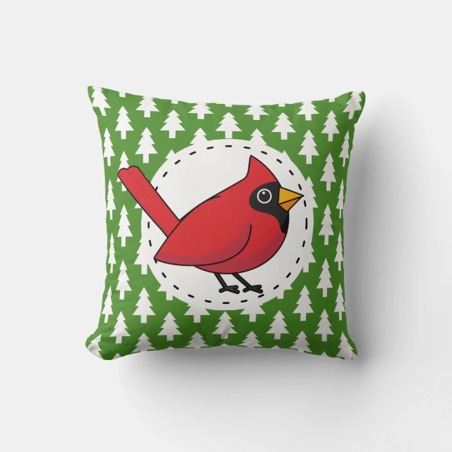 Almofada Cartoon Red Cardinal sobre Pinheiros Brancos Verde (Frente)