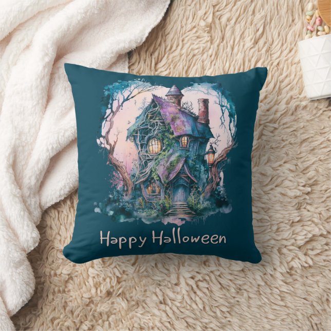 Almofada Casa Assombrada Azul e Roxa Feliz Halloween Azul (Cobertor)