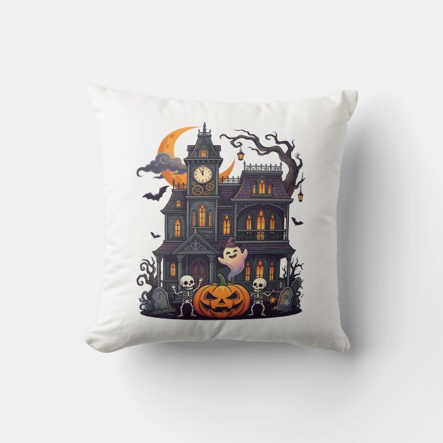 Almofada Casa Assombrada de Halloween Esqueletos Abóbora Fa (Frente)
