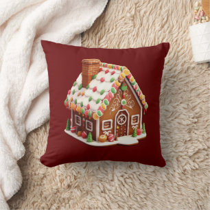 Almofada Casa de Biscoito de Natal Vermelho Borgonha Férias