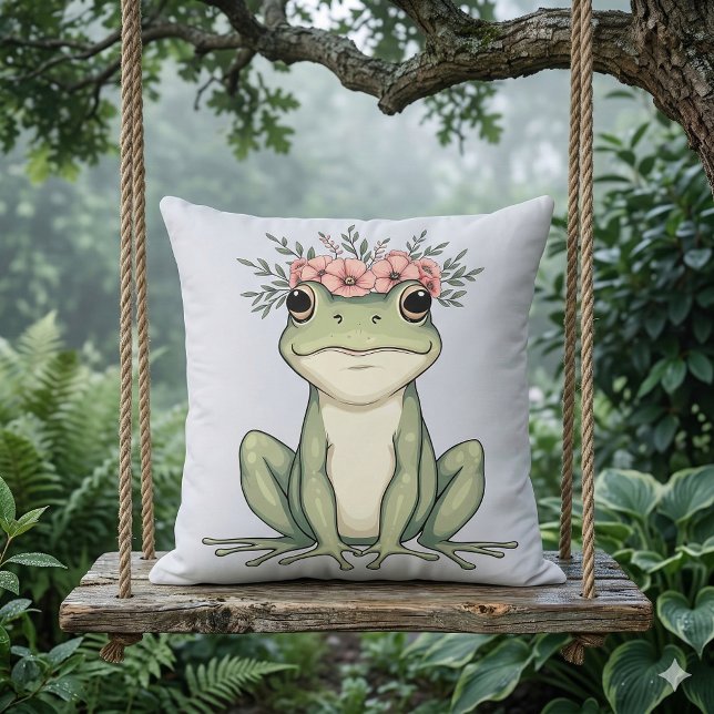 Almofada Casa de Campo Artística com Sapo Floral Caprichosa (Whimsical Floral Frog Cottagecore Art Throw Pillow Mockup C)