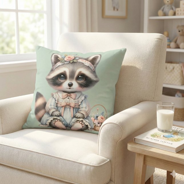 Almofada Casa de Campo Vestida Vintage Raposo Pastel (Vintage Dressed Cottagecore Raccoon Pastel Throw Pillow Mockup A)