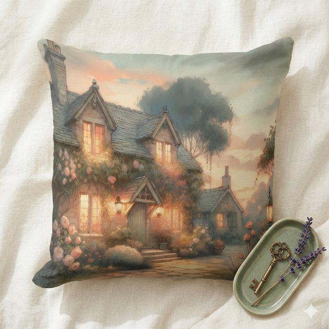 Almofada Casa de Contos de Fadas ao Pôr do Sol com Rosas (Fairytale Cottage at Sunset with Roses Throw Pillow Mockup A)