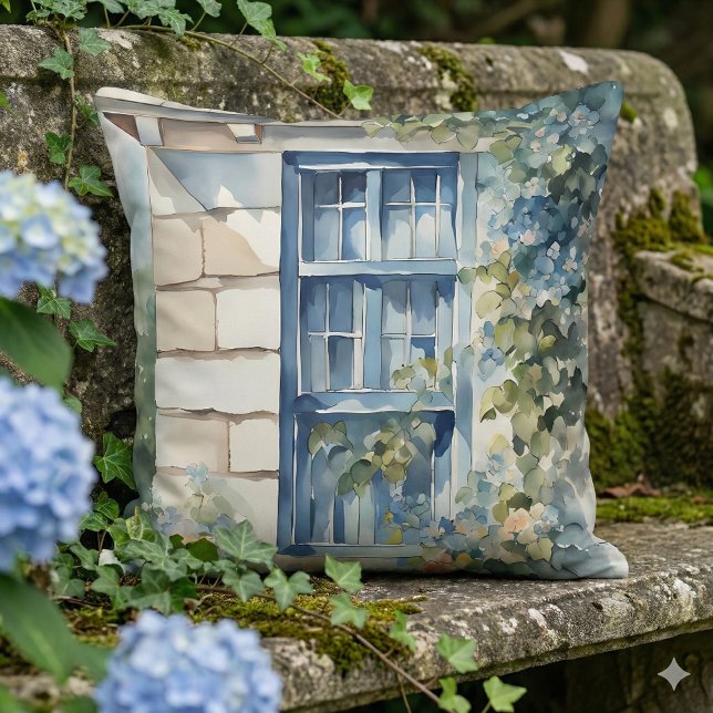 Almofada Casa de Pedra Azul com Trepadeiras na Janela (Blue Window Stone Wall Cottage Vines Throw Pillow Mockup C)