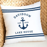 Almofada Casa do Lago Família Personalizada de Branco e Mar<br><div class="desc">O travesseiro decorativo "Lake House" de velo náutico apresenta uma âncora e listras design. Personalize o texto personalizado com um sobrenome familiar   casa do lago (ou outro título) com o ano estabelecido. Esquema de cores branco clássico e azul marinho (pode ser modificado). Tecidos para travesseiros interiores e exteriores disponíveis.</div>