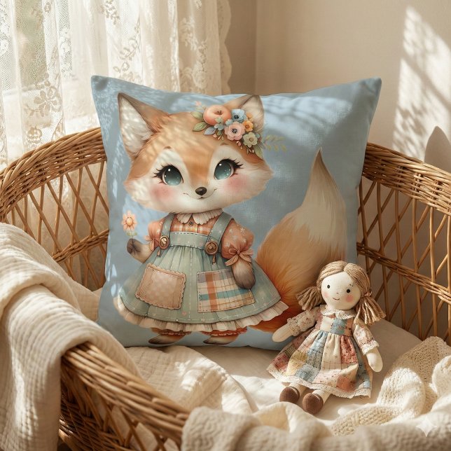 Almofada Casa Encantadora Floral Pastel Raposa (Whimsical Cottagecore Floral Pastel Fox Throw Pillow Mockup A)