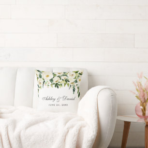 Almofada Casamento Branco Verde Floral de Aquarela Elegante