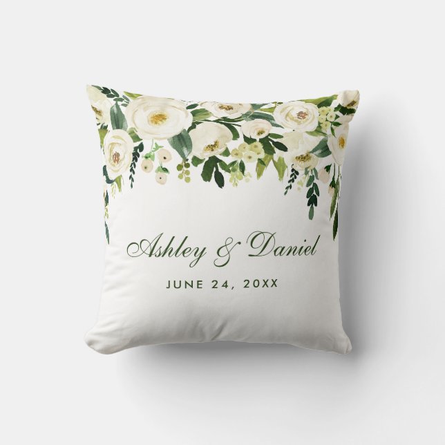 Almofada Casamento Branco Verde Floral de Watercolor (Frente)