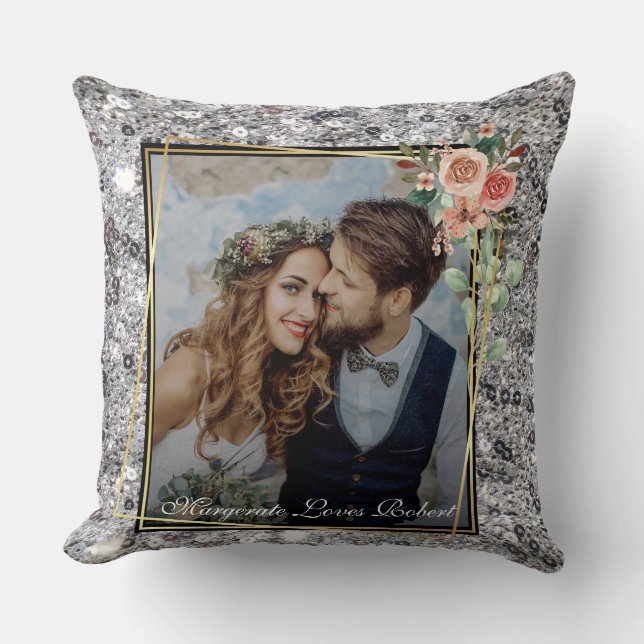 Almofada Casamento Chic Moderno Amor Casal Brilho Prata (Frente)