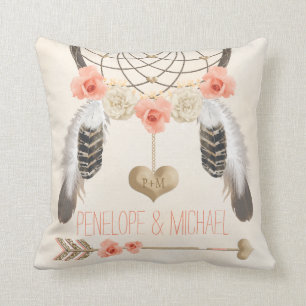 Almofada Casamento Dourado coral Monogrammed de Boho